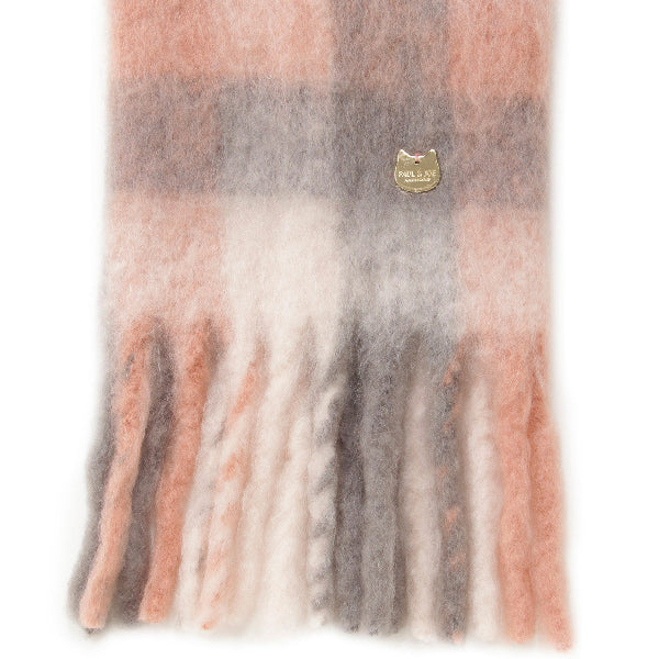 ウール混ブロックチェックボリュームマフラー ピンク