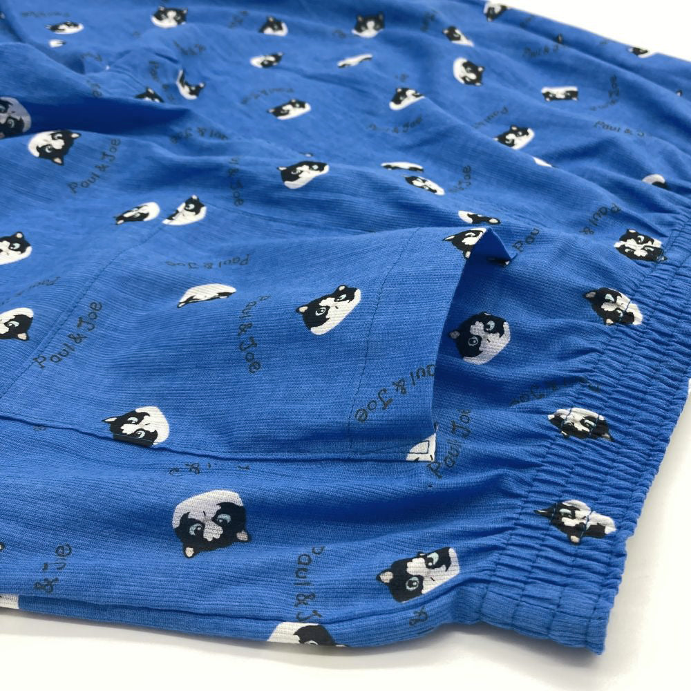 ピケ楊柳黒白ハチワレ猫柄PT ステテコ(ブルー)