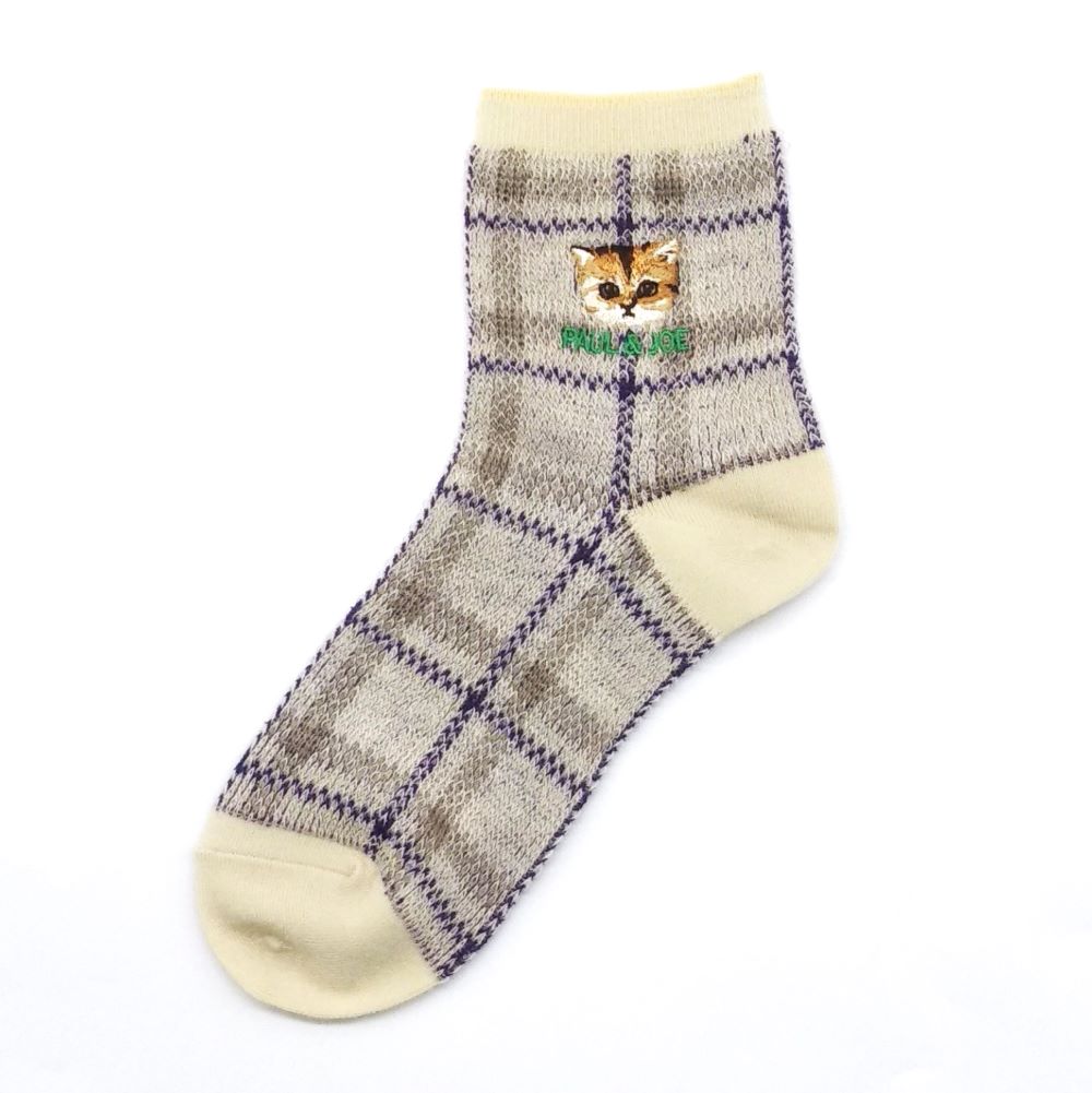 【レディース】チェック柄ヌネット刺繍 ロークルー丈ソックス(アイボリー)