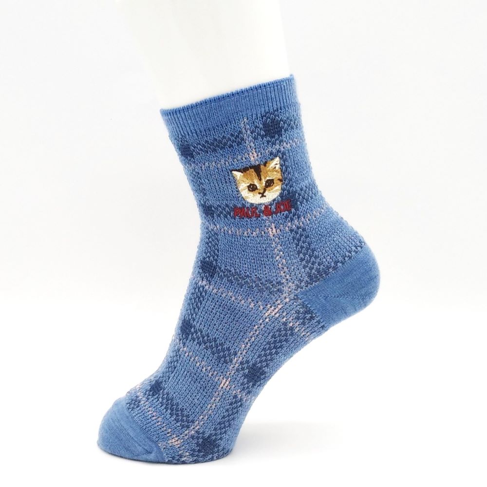 【レディース】チェック柄ヌネット刺繍 ロークルー丈ソックス(ブルー)