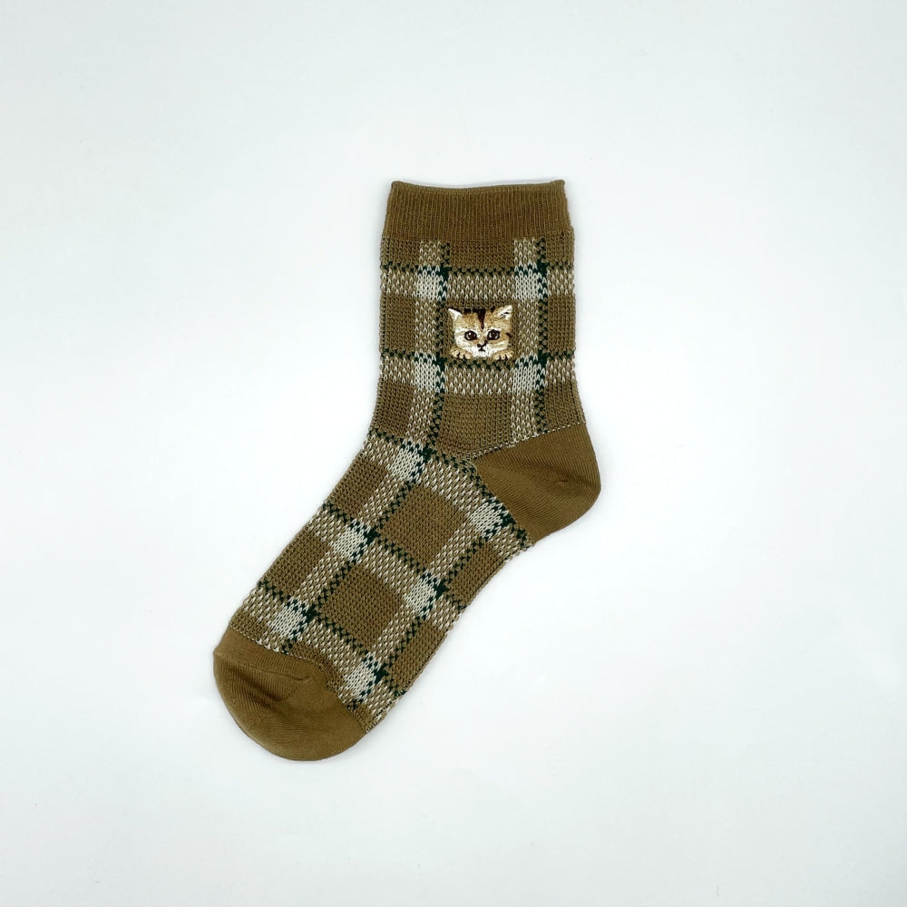【レディース】チェックヌネット刺繍 ソックス