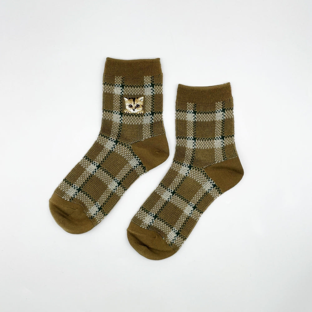 【レディース】チェックヌネット刺繍 ソックス