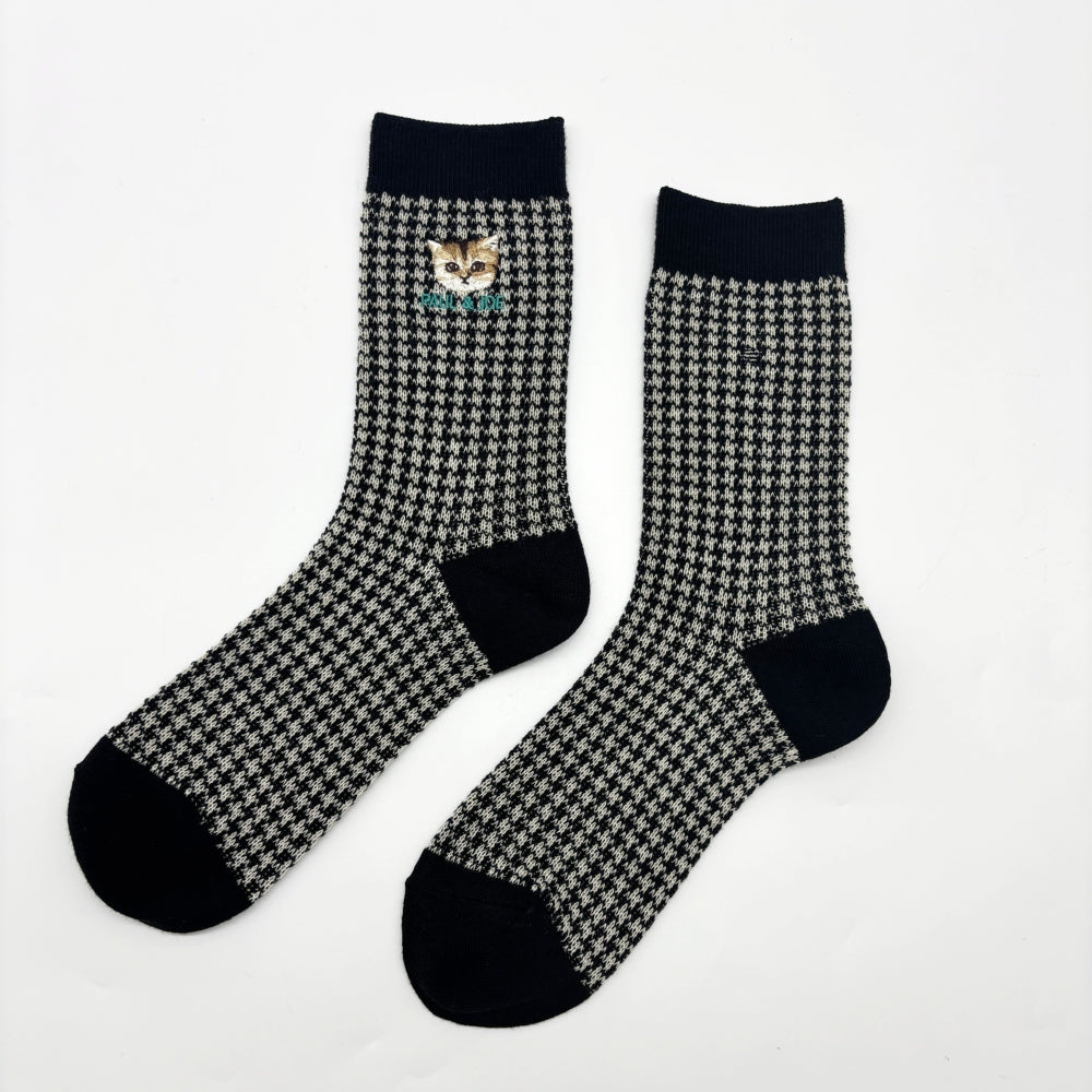 【レディース】千鳥チェックヌネット刺繍 ソックス