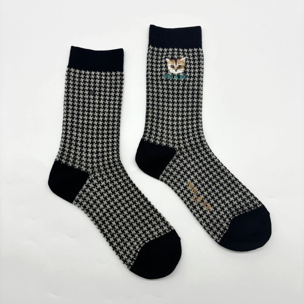 【レディース】千鳥チェックヌネット刺繍 ソックス