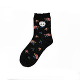 【レディース】小花柄ジプシー刺繍 ロークルー丈ウールソックス(ブラック)