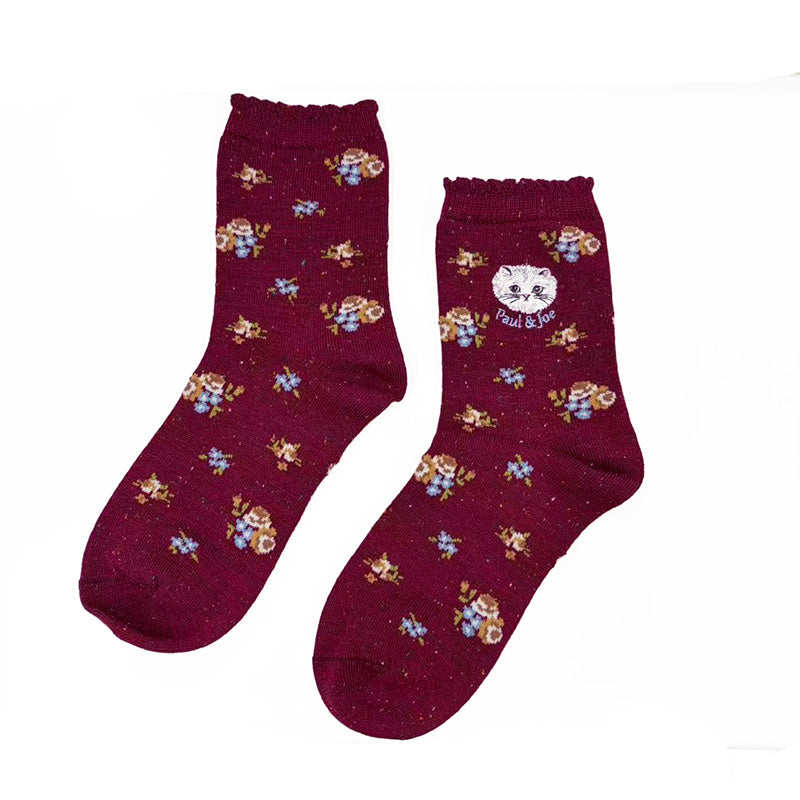 【レディース】小花柄ジプシー刺繍 ロークルー丈ウールソックス(エンジ)