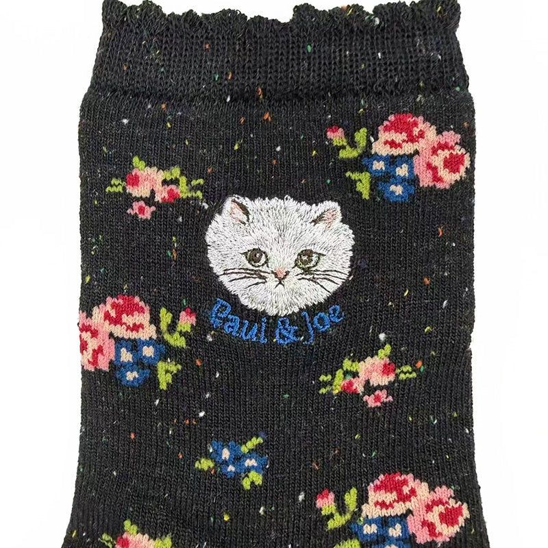 【レディース】小花柄ジプシー刺繍 ロークルー丈ウールソックス(ブラック)