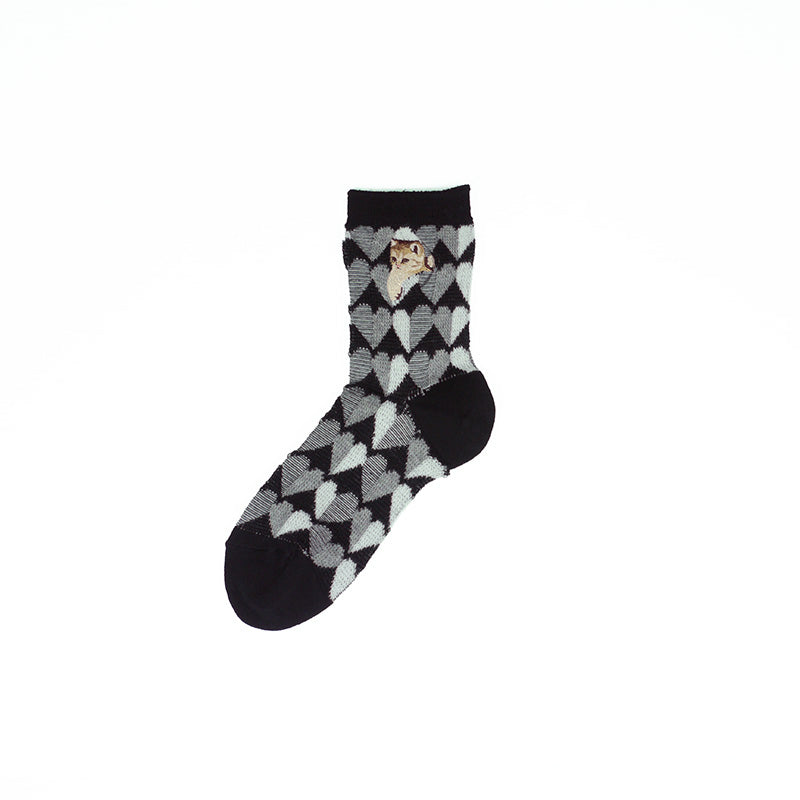 【レディース】ハートヌネット刺繍 ロークルー丈ウールソックス(ブラック)