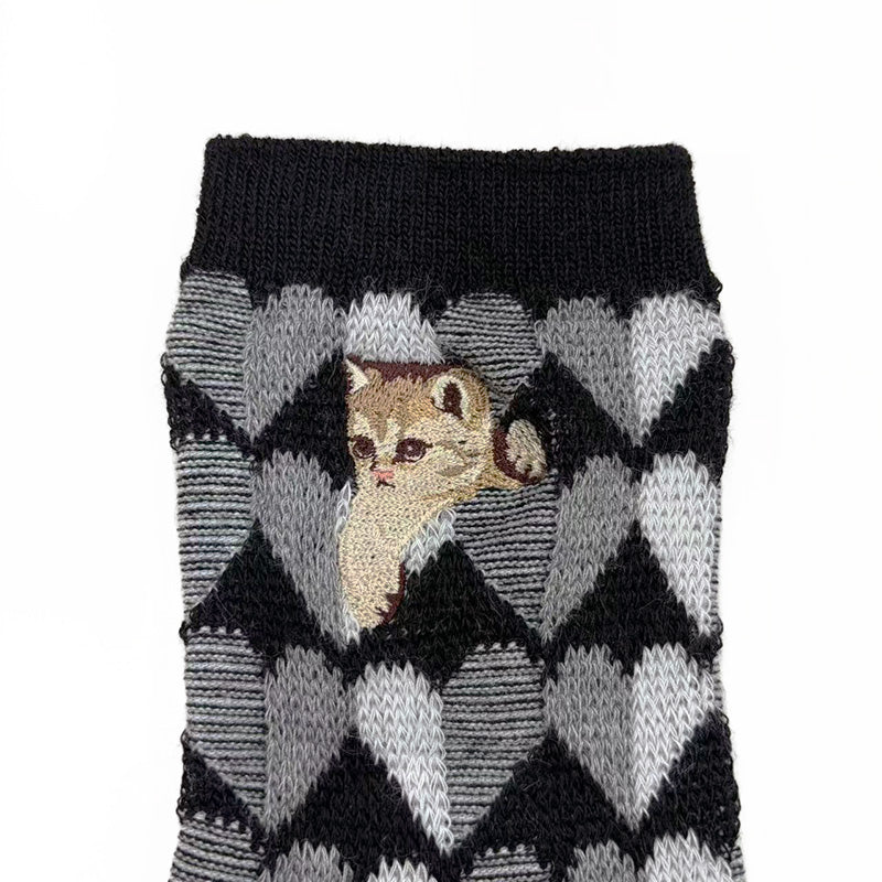 【レディース】ハートヌネット刺繍 ロークルー丈ウールソックス(ブラック)