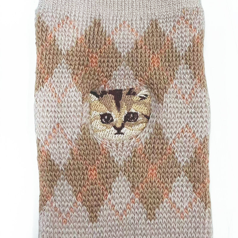 【レディース】ダイヤ柄ヌネット刺繍 クルー丈ウールソックス(ベージュ)