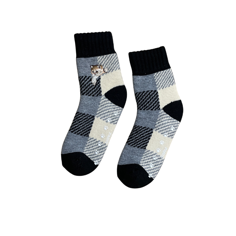 【レディース】ブロックチェックヌネット刺繍 ルームソックス(ブラック)