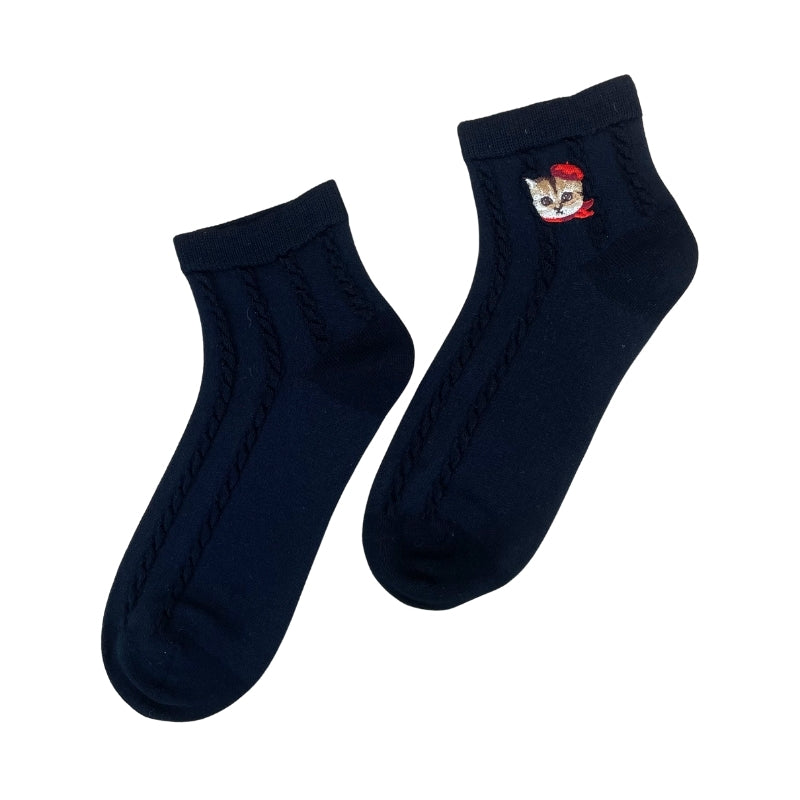 【レディース】フロートケーブル柄パリヌネット刺繍ソックス(ブラック)