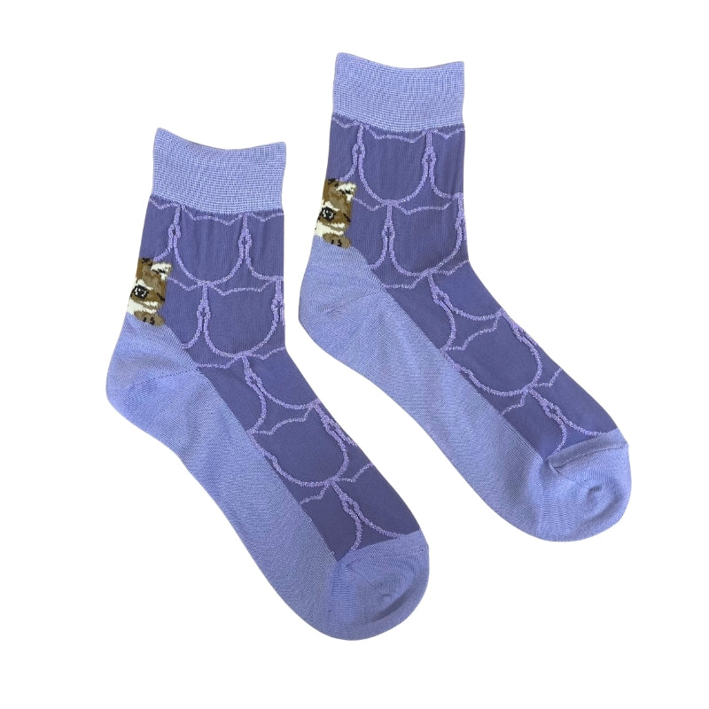 【レディース】シースルー猫リングかかとヌネット柄 ソックス(ラベンダー)