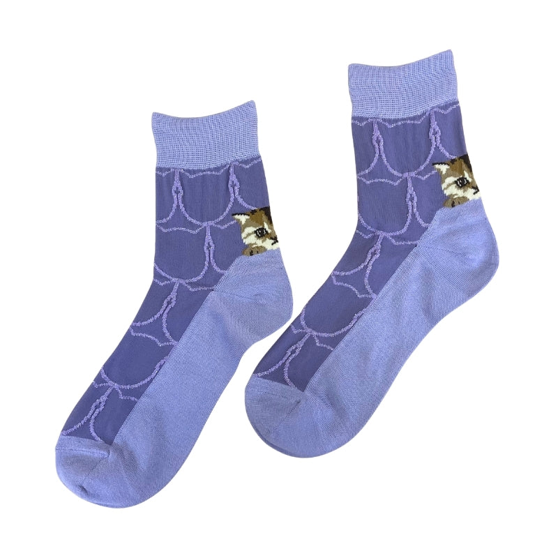 【レディース】シースルー猫リングかかとヌネット柄 ソックス(ラベンダー)