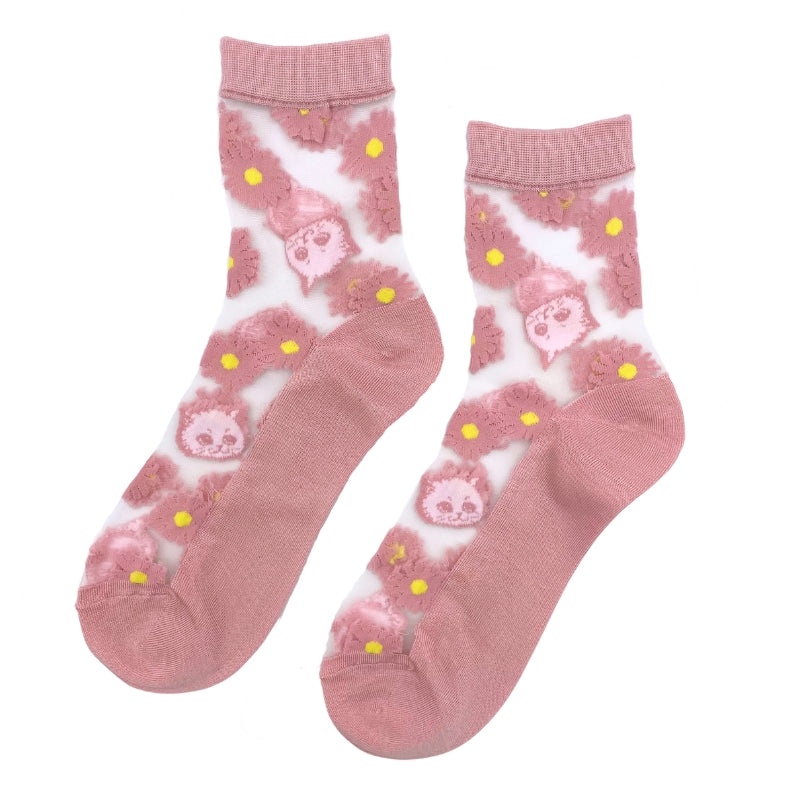 【レディース】シースルー花&猫柄 ソックス(ピンク)