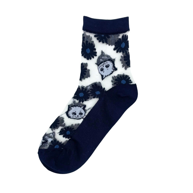 【レディース】シースルー花&猫柄 ソックス(ネイビー)