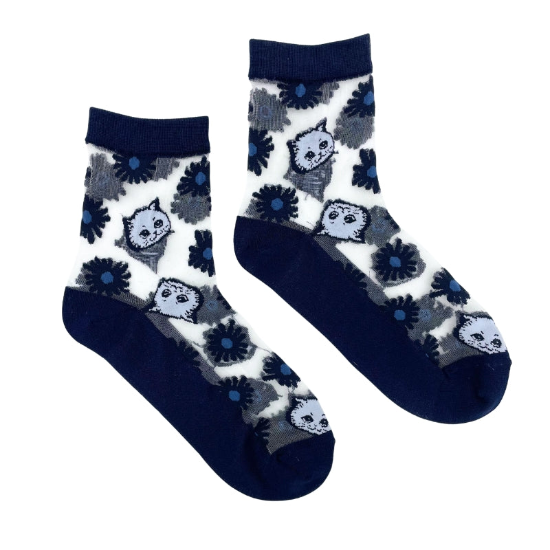 【レディース】シースルー花&猫柄 ソックス(ネイビー)
