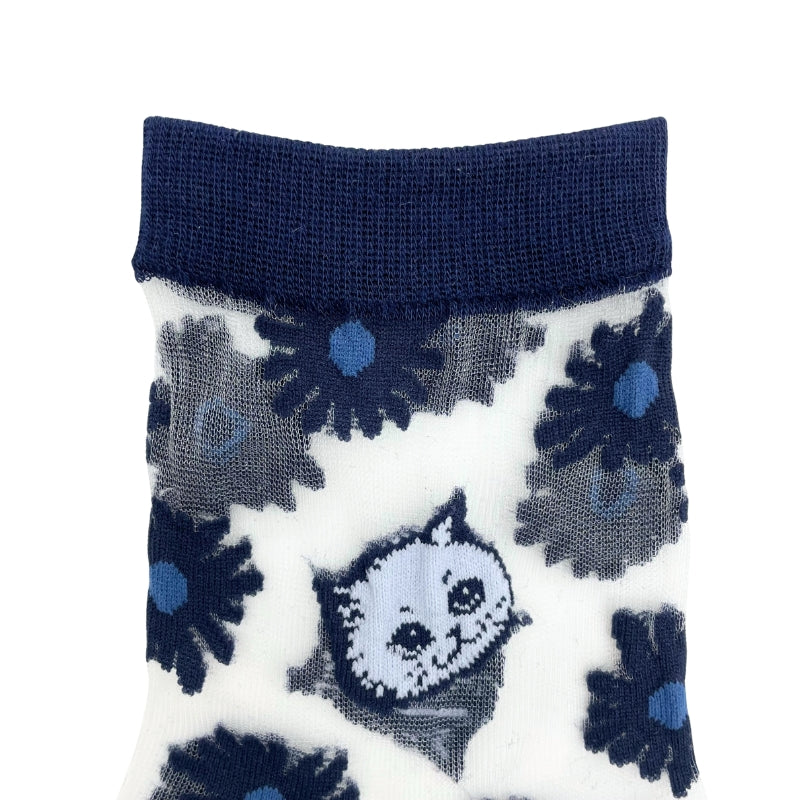【レディース】シースルー花&猫柄 ソックス(ネイビー)