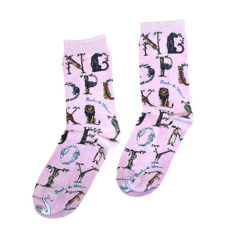 【レディース】アニマルアルファベットプリント ソックス(ピンク)
