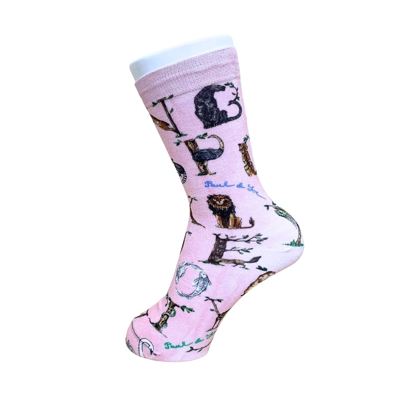 【レディース】アニマルアルファベットプリント ソックス(ピンク)