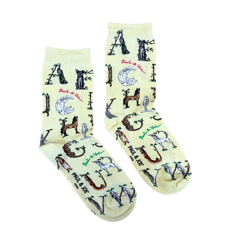 【レディース】アニマルアルファベットプリント ソックス(クリーム)