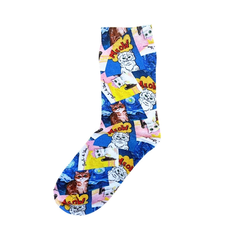 【レディース】アートキャットプリント ソックス(ブルー)