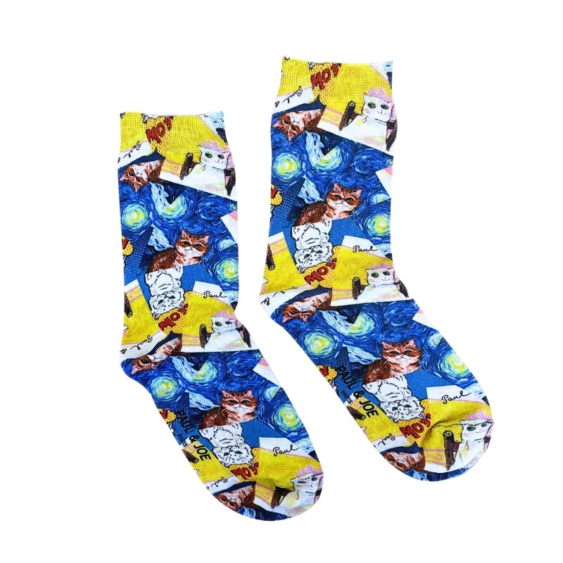 【レディース】アートキャットプリント ソックス(ブルー)