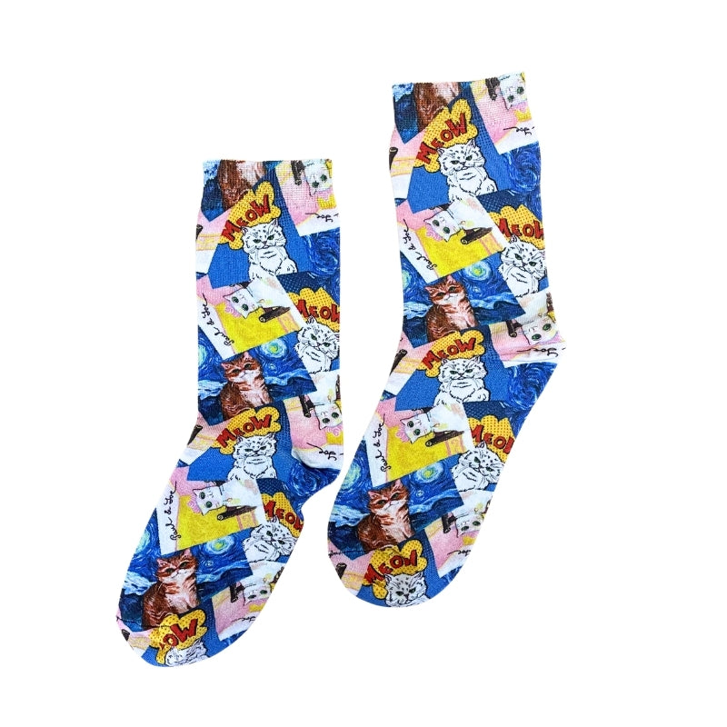 【レディース】アートキャットプリント ソックス(ブルー)