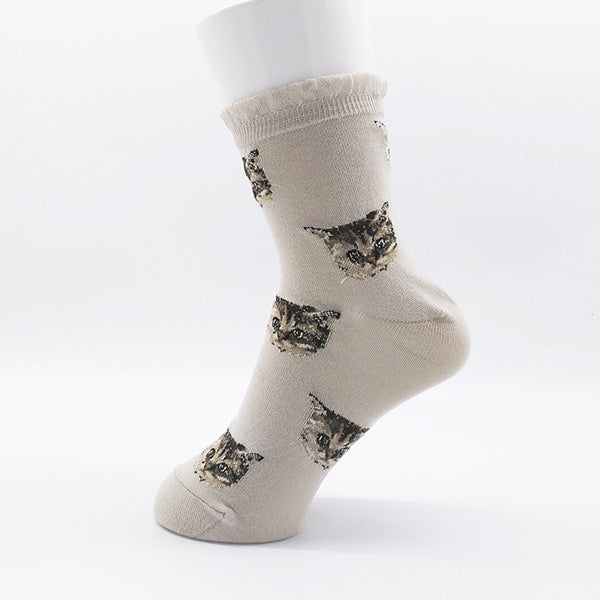 【レディース】ヌネットフェイス総柄 ロークルー丈ソックス(サンドベージュ)