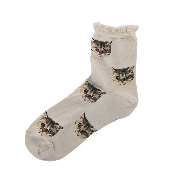 【レディース】ヌネットフェイス総柄 ロークルー丈ソックス(サンドベージュ)