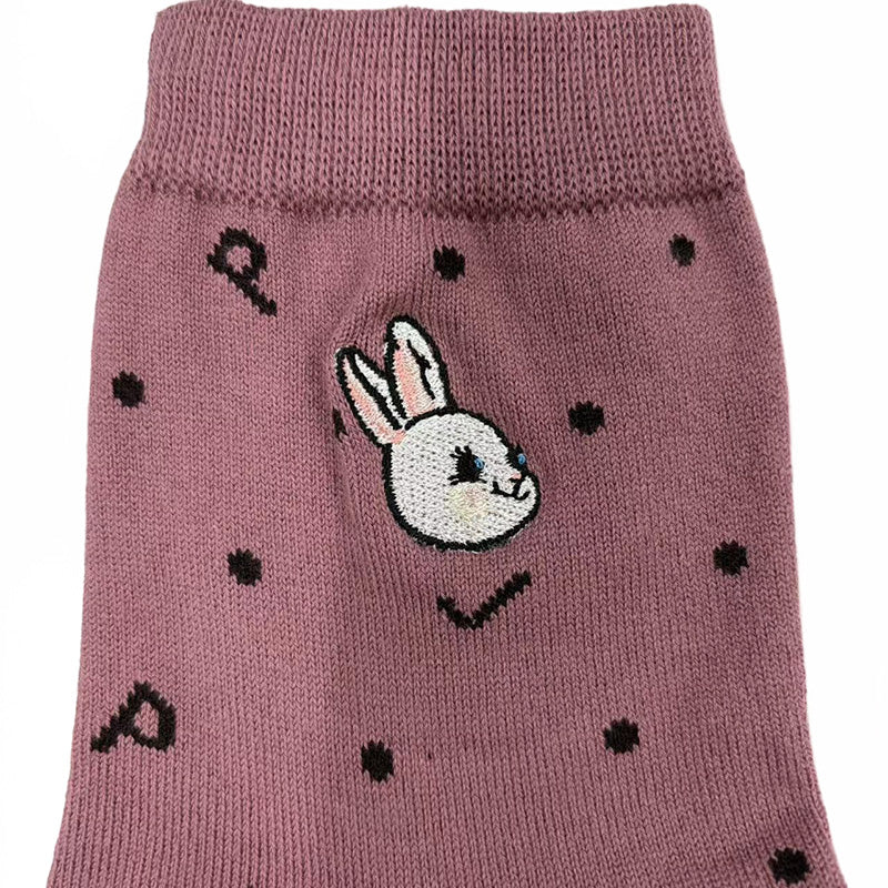 【レディース】ドットウサギ刺繍 ロークルー丈レディースソックス(モーヴピンク)