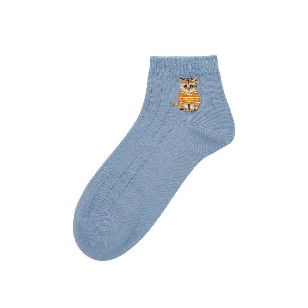 【メンズ】ワンポイントお座りヌネット刺繍ショートソックス(サックス)