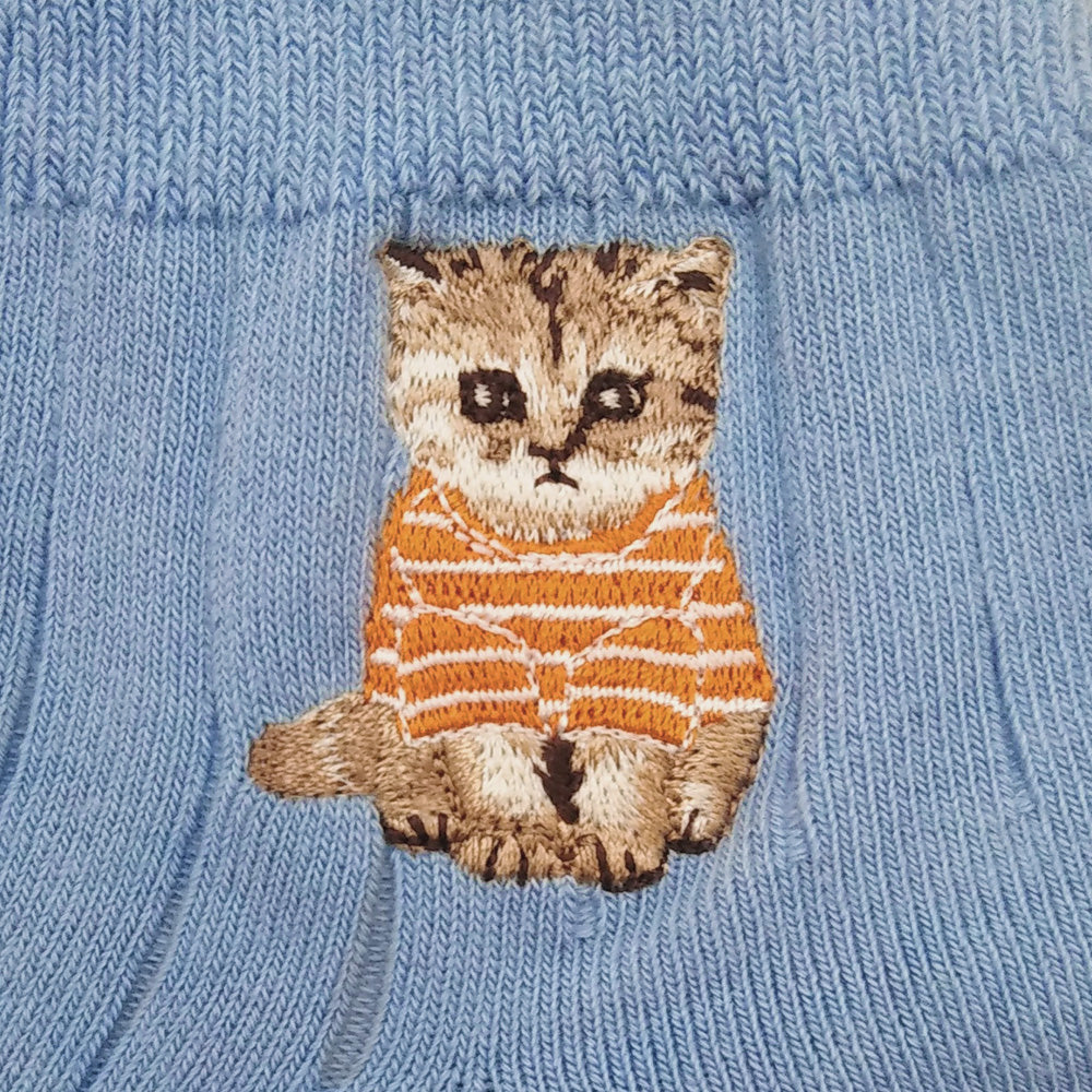 【メンズ】ワンポイントお座りヌネット刺繍ショートソックス(サックス)