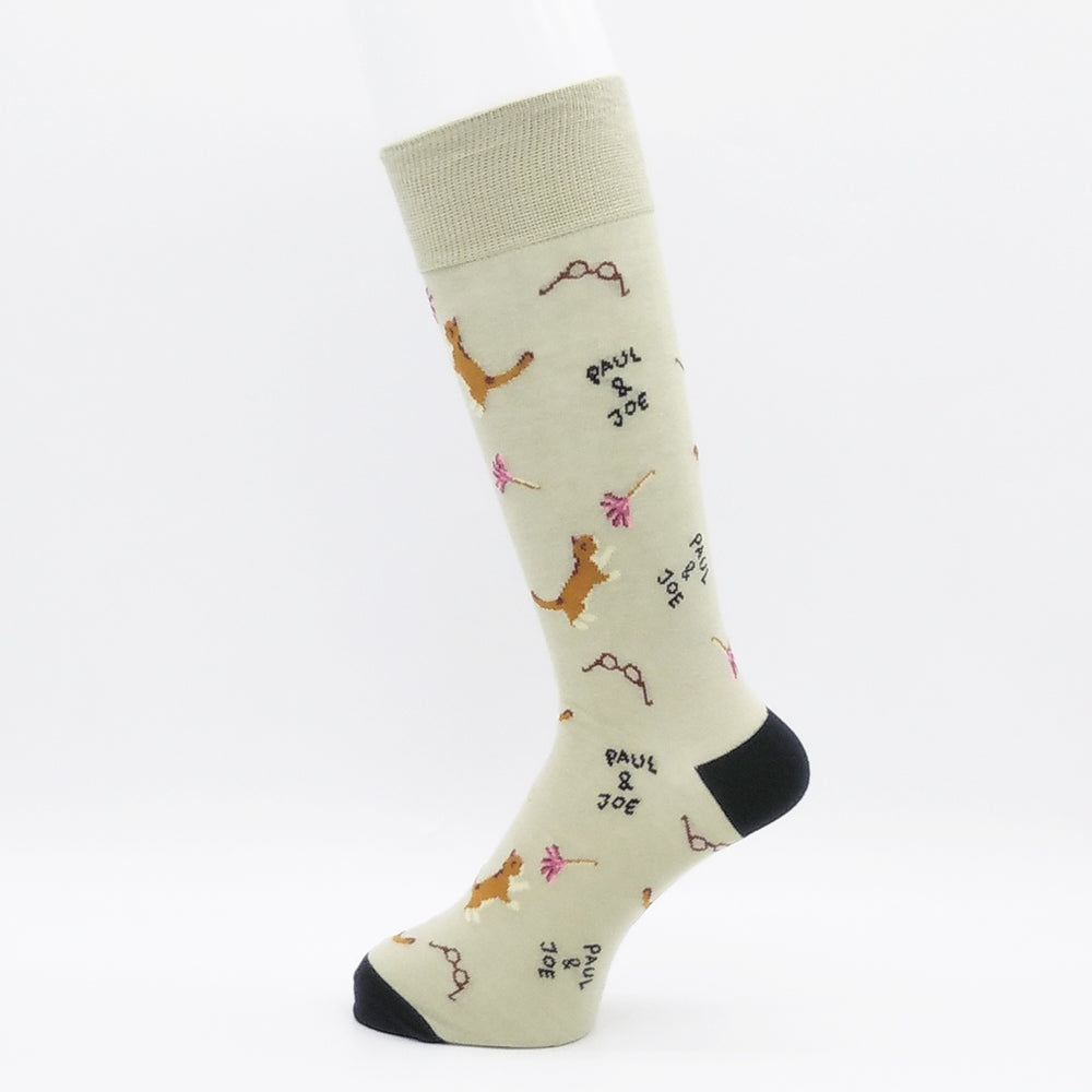 【メンズ】プレイングキャット柄クルー丈ソックス(ベージュ)