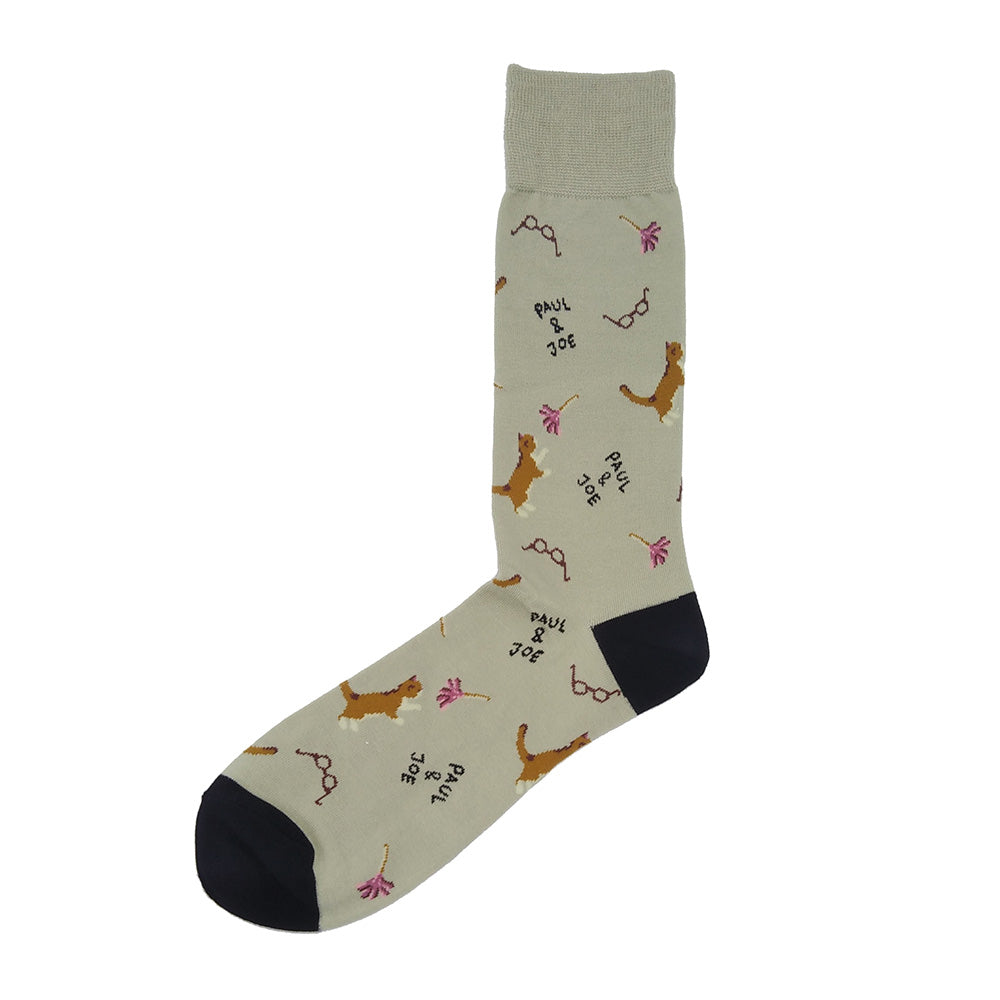 【メンズ】プレイングキャット柄クルー丈ソックス(ベージュ)