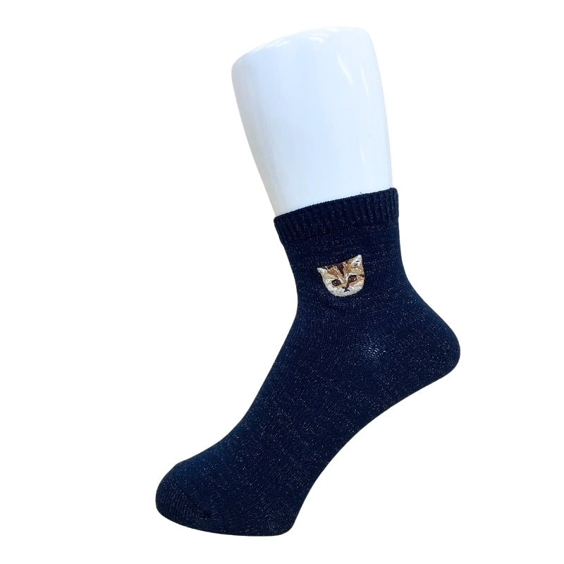 ラメ無地ヌネットワンポイント刺繍 ショートソックス(ネイビー)