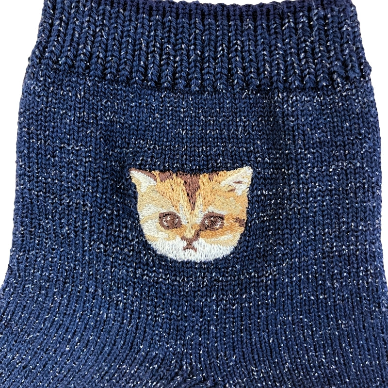 ラメ無地ヌネットワンポイント刺繍 ショートソックス(ネイビー)