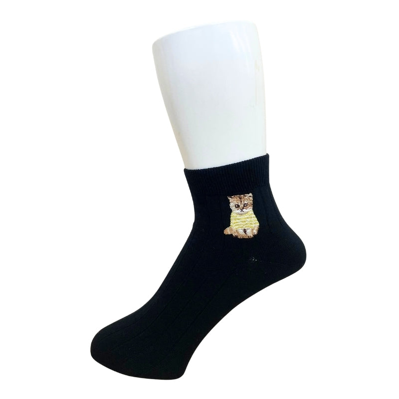 【メンズ】お座りヌネットボーダーT刺繍 ショート丈ソックス(ブラック)