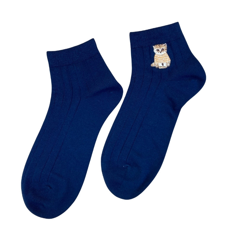 【メンズ】お座りヌネットボーダーT刺繍 ショート丈ソックス(ネイビー)