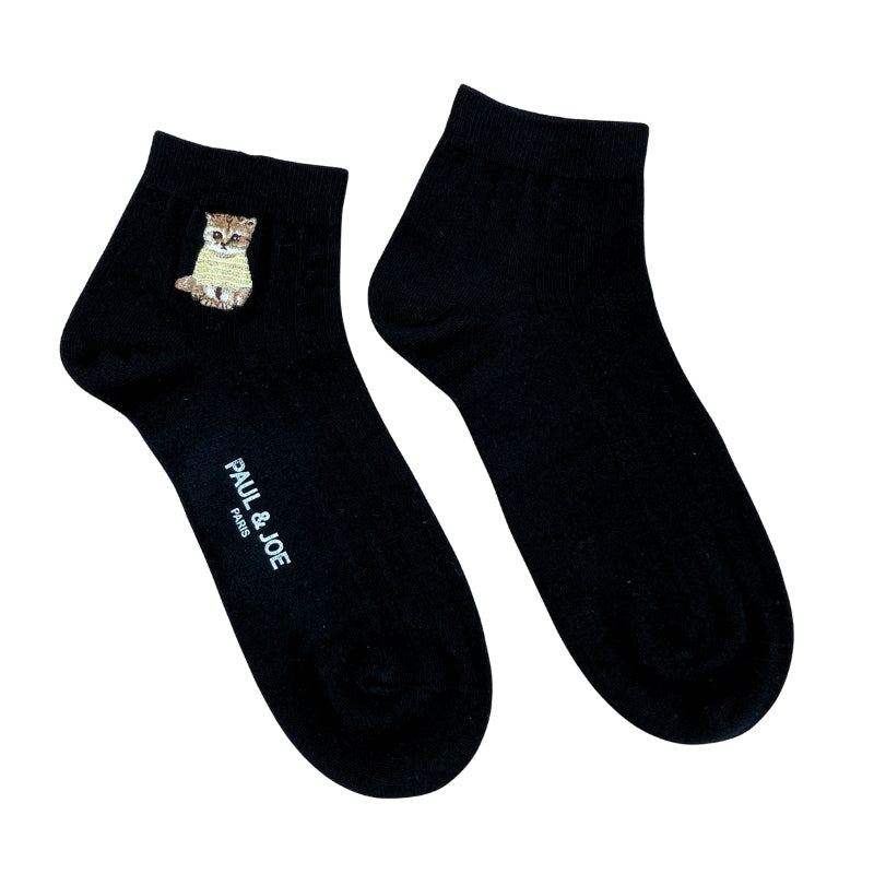 【メンズ】お座りヌネットボーダーT刺繍 ショート丈ソックス(ブラック)