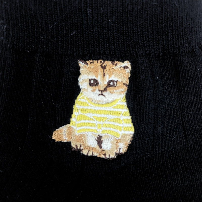 【メンズ】お座りヌネットボーダーT刺繍 ショート丈ソックス(ブラック)