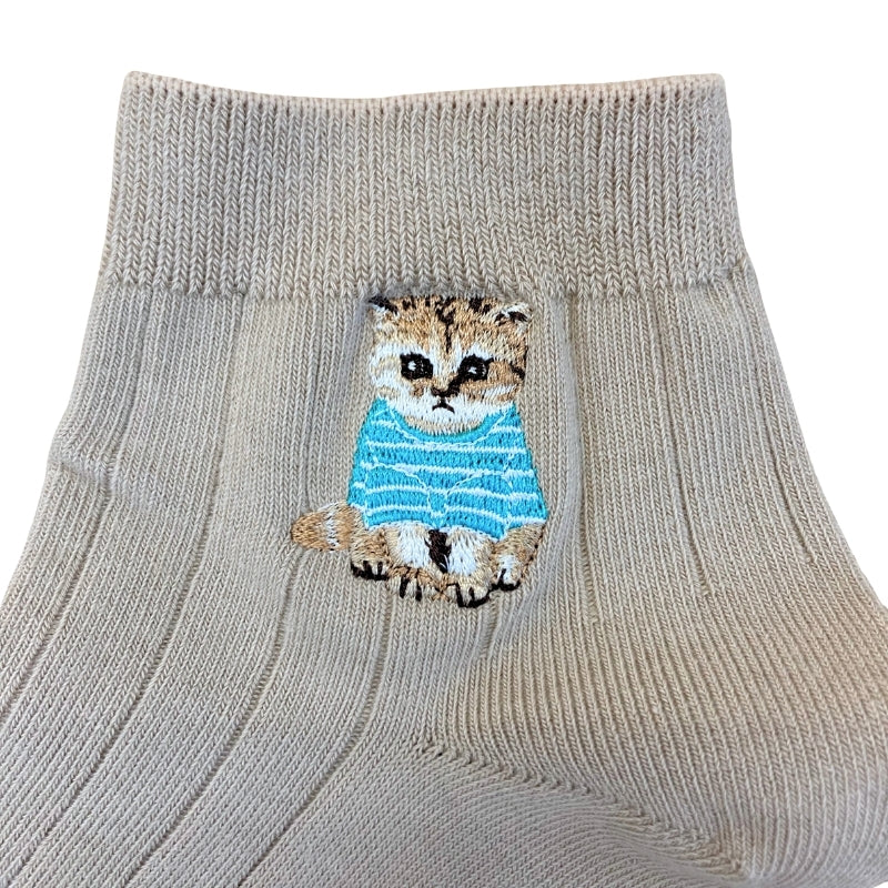 【メンズ】お座りヌネットボーダーT刺繍 ショート丈ソックス(ベージュ)