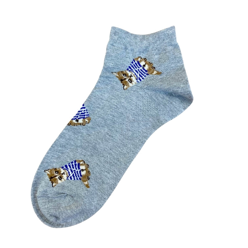 【メンズ】お座りヌネットボーダーT総柄 ショート丈ソックス(グレー)