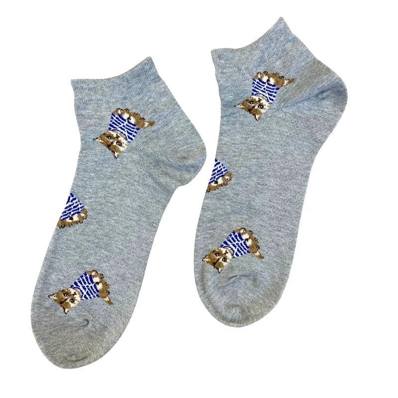 【メンズ】お座りヌネットボーダーT総柄 ショート丈ソックス(グレー)