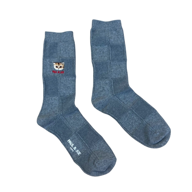 【メンズ】ブロックチェックヌネット刺繍柄 クルー丈ソックス(グレー)