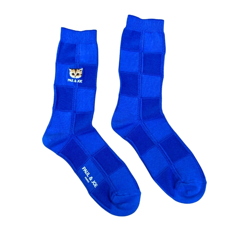 【メンズ】ブロックチェックヌネット刺繍柄 クルー丈ソックス(ブルー)