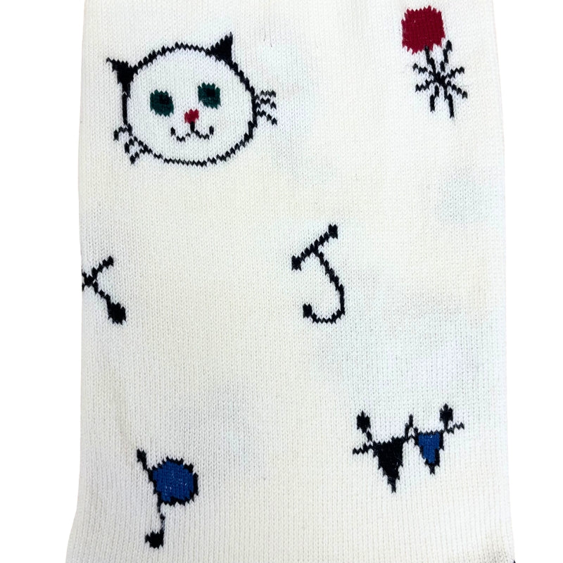 【メンズ】ART CAT 総柄 クルー丈ソックス(アイボリー)