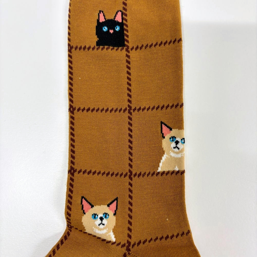 【メンズ】ウィンドウペーン猫柄 メンズソックス