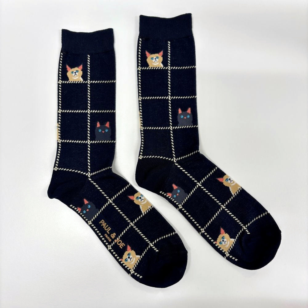 【メンズ】ウィンドウペーン猫柄 メンズソックス