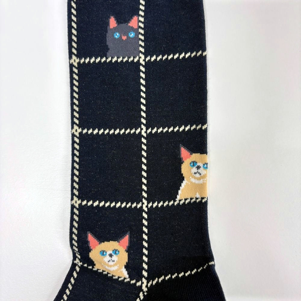 【メンズ】ウィンドウペーン猫柄 メンズソックス